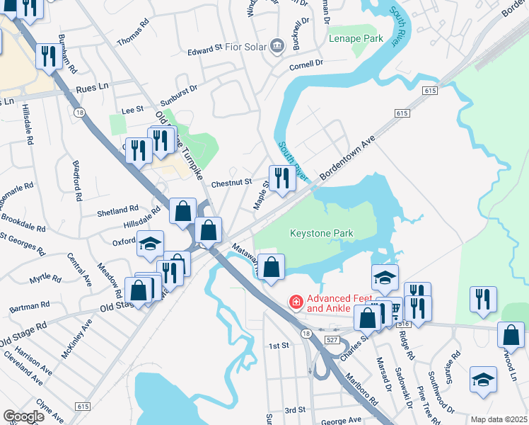 map of restaurants, bars, coffee shops, grocery stores, and more near 7 Oak Street in East Brunswick