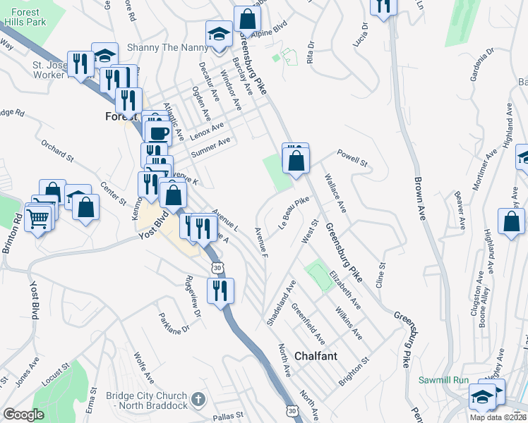 map of restaurants, bars, coffee shops, grocery stores, and more near 367 Avenue F in Pittsburgh