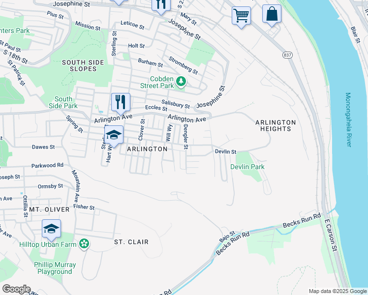 map of restaurants, bars, coffee shops, grocery stores, and more near 132 Dengler Street in Pittsburgh