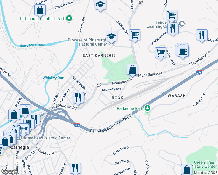 map of restaurants, bars, coffee shops, grocery stores, and more near 710 Noblestown Road in Carnegie