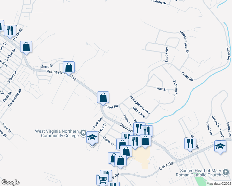 map of restaurants, bars, coffee shops, grocery stores, and more near 141 Culler Road in Weirton