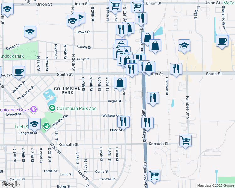 map of restaurants, bars, coffee shops, grocery stores, and more near 102 South 31st Street in Lafayette