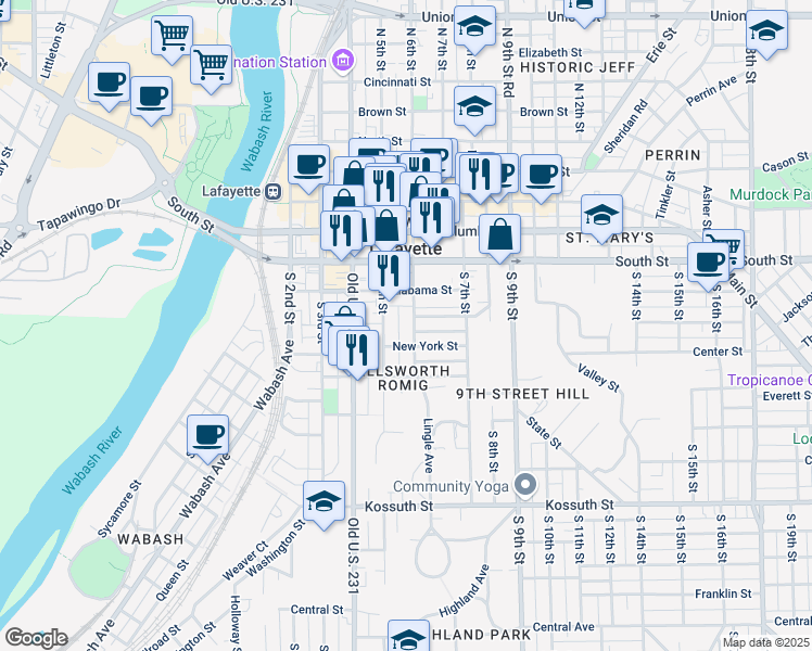 map of restaurants, bars, coffee shops, grocery stores, and more near 109 South 6th Street in Lafayette