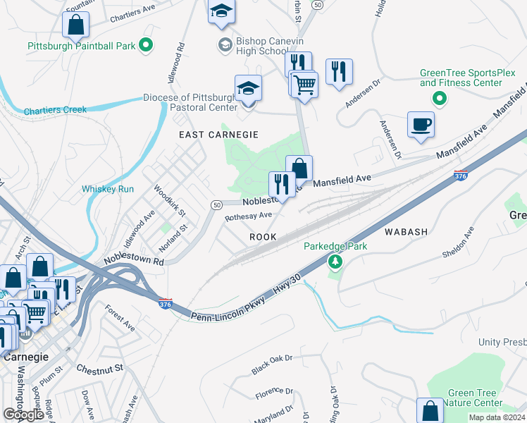 map of restaurants, bars, coffee shops, grocery stores, and more near 120 Rothesay Avenue in Carnegie
