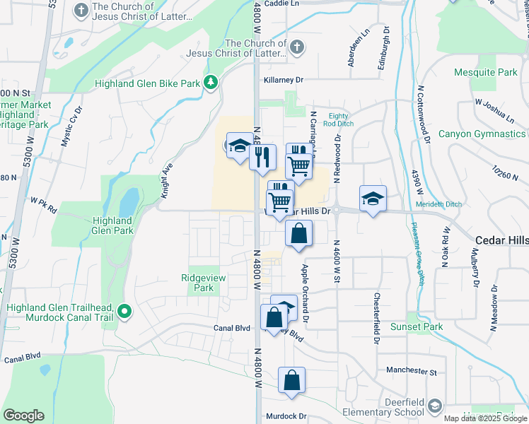 map of restaurants, bars, coffee shops, grocery stores, and more near 4595 W Cedar Hills Dr in Pleasant Grove