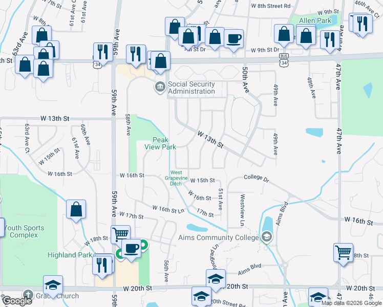 map of restaurants, bars, coffee shops, grocery stores, and more near 1328 52nd Avenue in Greeley
