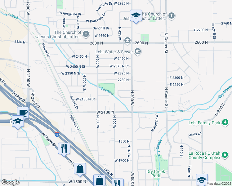map of restaurants, bars, coffee shops, grocery stores, and more near 2215 North 490 West Street in Lehi