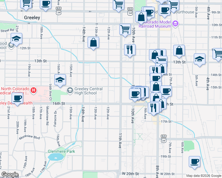 map of restaurants, bars, coffee shops, grocery stores, and more near 1500 12th Avenue in Greeley