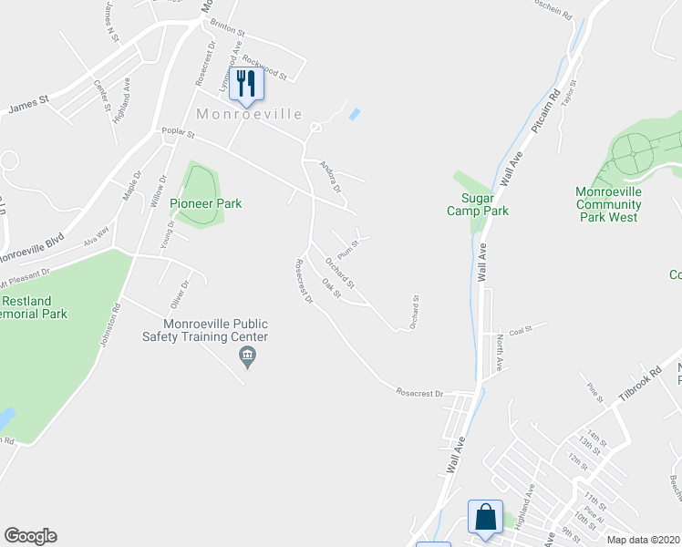 map of restaurants, bars, coffee shops, grocery stores, and more near 18 Orchard Street in Monroeville