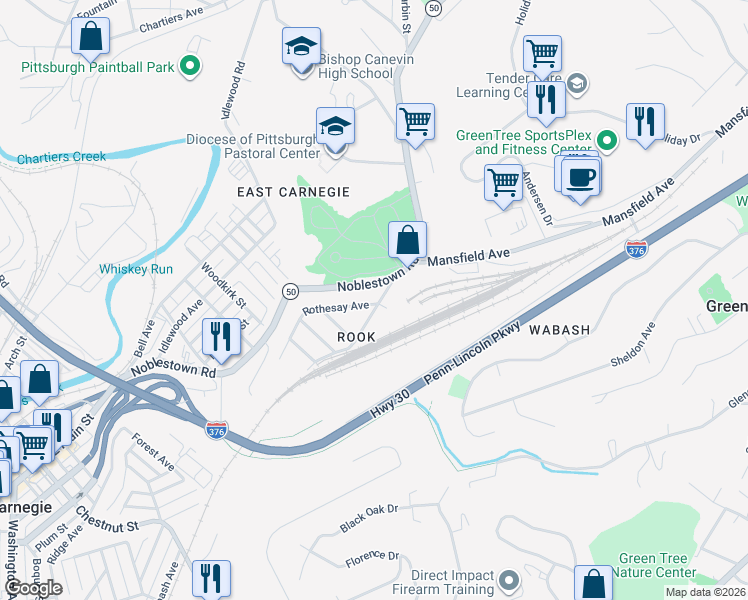 map of restaurants, bars, coffee shops, grocery stores, and more near 102 Rothesay Avenue in Carnegie