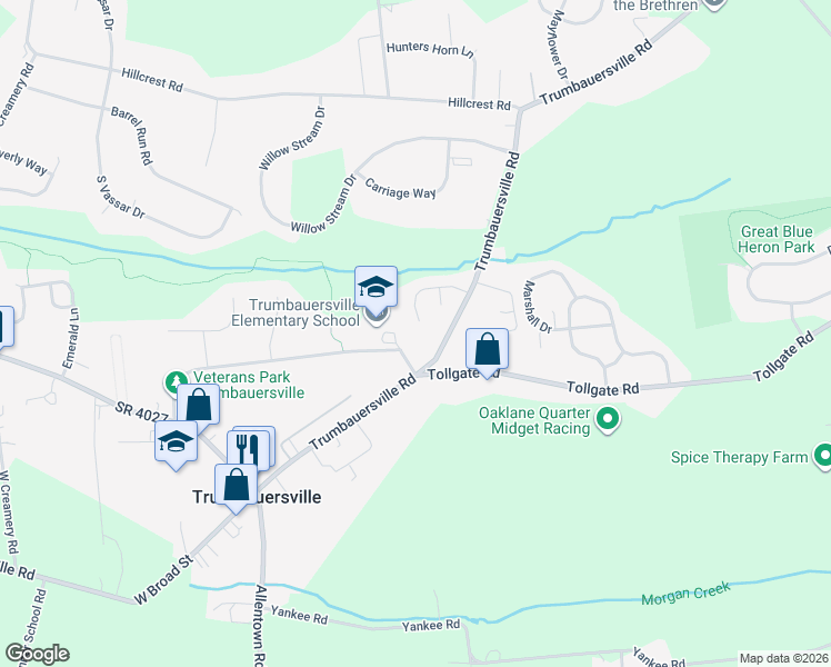 map of restaurants, bars, coffee shops, grocery stores, and more near 1731 Pine Creek Drive in Quakertown