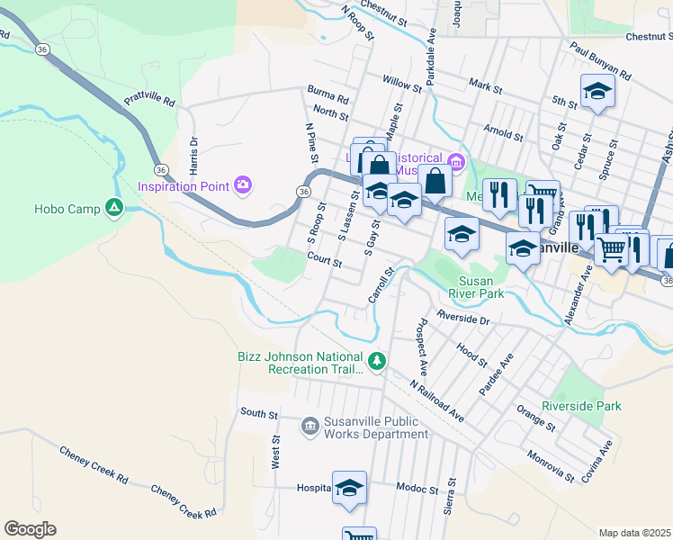 map of restaurants, bars, coffee shops, grocery stores, and more near 235 South Lassen Street in Susanville