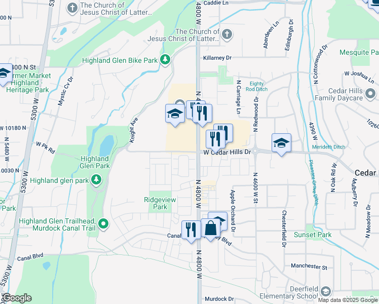 map of restaurants, bars, coffee shops, grocery stores, and more near Cedar Hills Drive in Highland