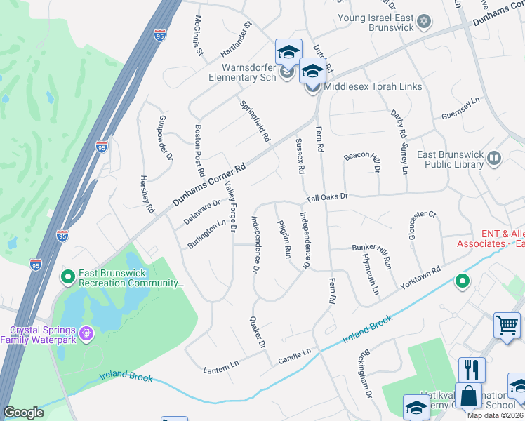 map of restaurants, bars, coffee shops, grocery stores, and more near 38 Independence Drive in East Brunswick