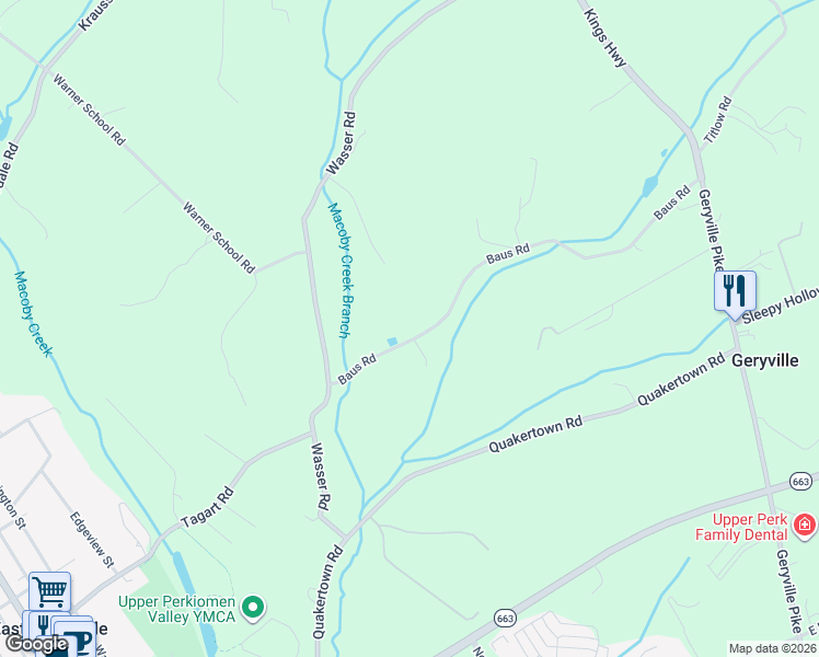 map of restaurants, bars, coffee shops, grocery stores, and more near 2071 Baus Road in East Greenville