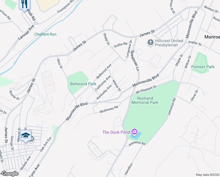 map of restaurants, bars, coffee shops, grocery stores, and more near 512 Maine Street in Monroeville