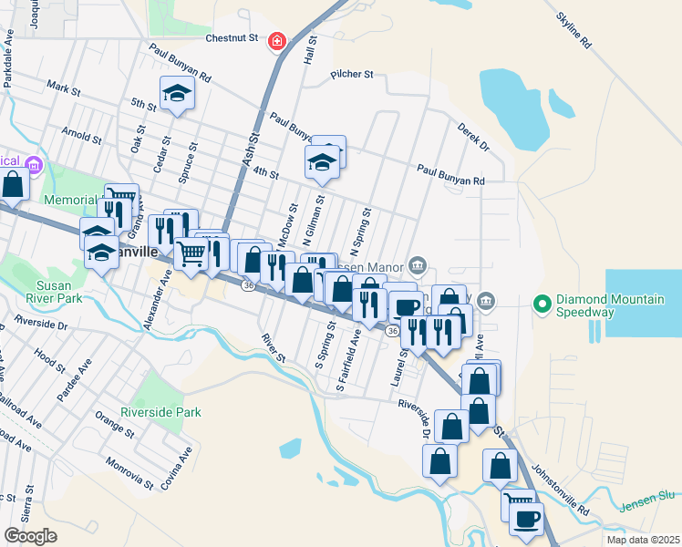 map of restaurants, bars, coffee shops, grocery stores, and more near 150 North Sacramento Street in Susanville