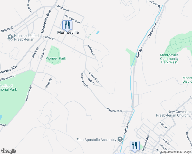 map of restaurants, bars, coffee shops, grocery stores, and more near 201 Orange Street in Monroeville