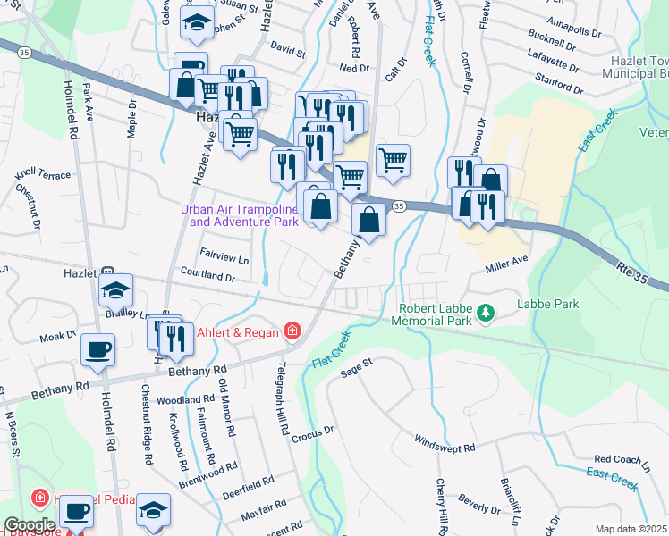 map of restaurants, bars, coffee shops, grocery stores, and more near 16 Bethany Road in Hazlet