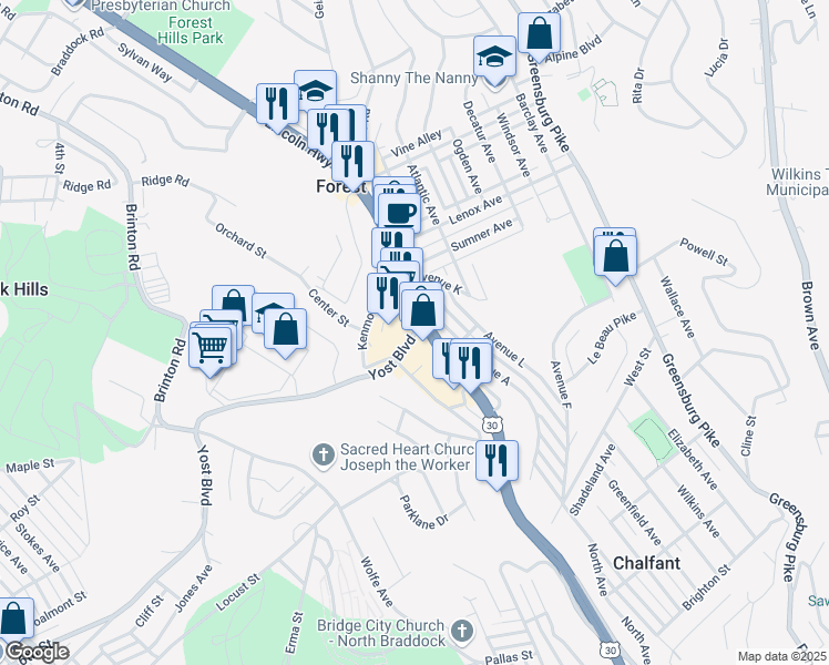 map of restaurants, bars, coffee shops, grocery stores, and more near 23 Yost Blvd in Pittsburgh