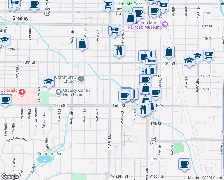 map of restaurants, bars, coffee shops, grocery stores, and more near 1017 15th Street in Greeley