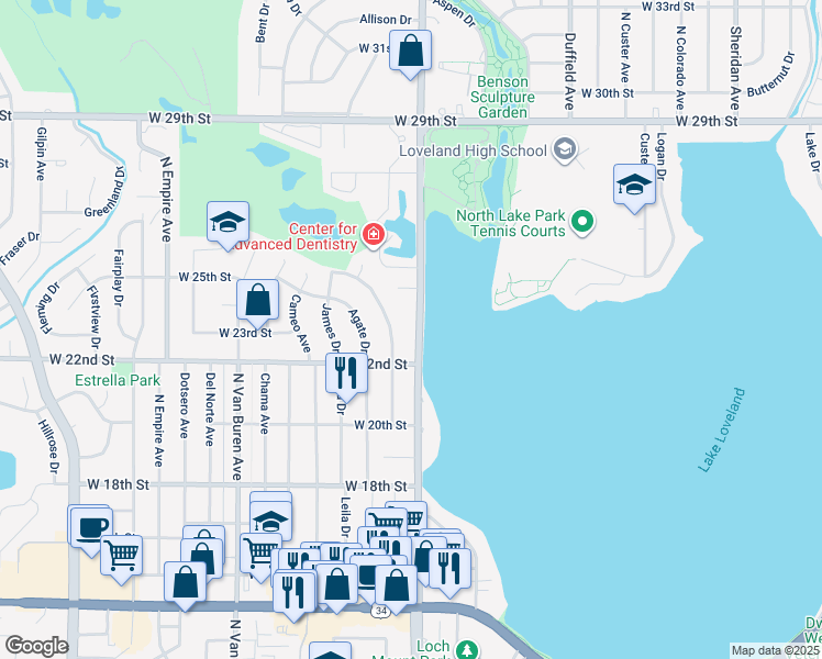 map of restaurants, bars, coffee shops, grocery stores, and more near 2413 North Taft Avenue in Loveland