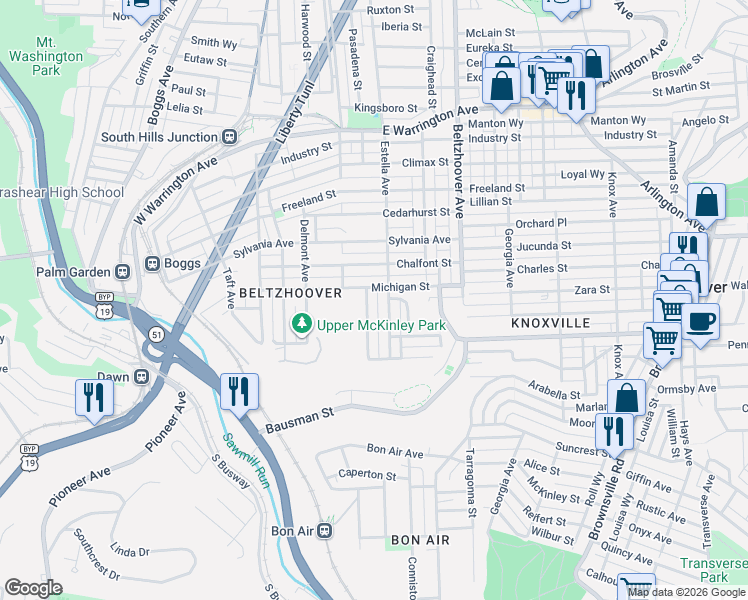 map of restaurants, bars, coffee shops, grocery stores, and more near 329 Michigan Street in Pittsburgh