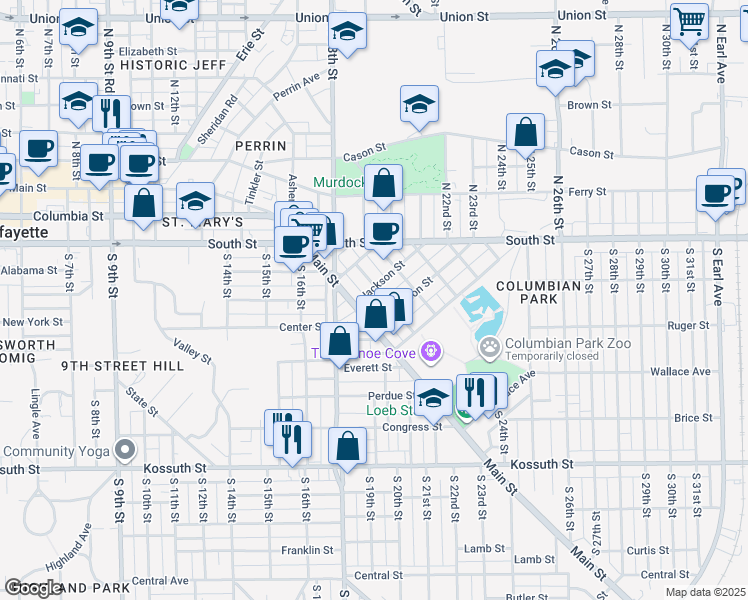 map of restaurants, bars, coffee shops, grocery stores, and more near 20 Grant Street in Lafayette
