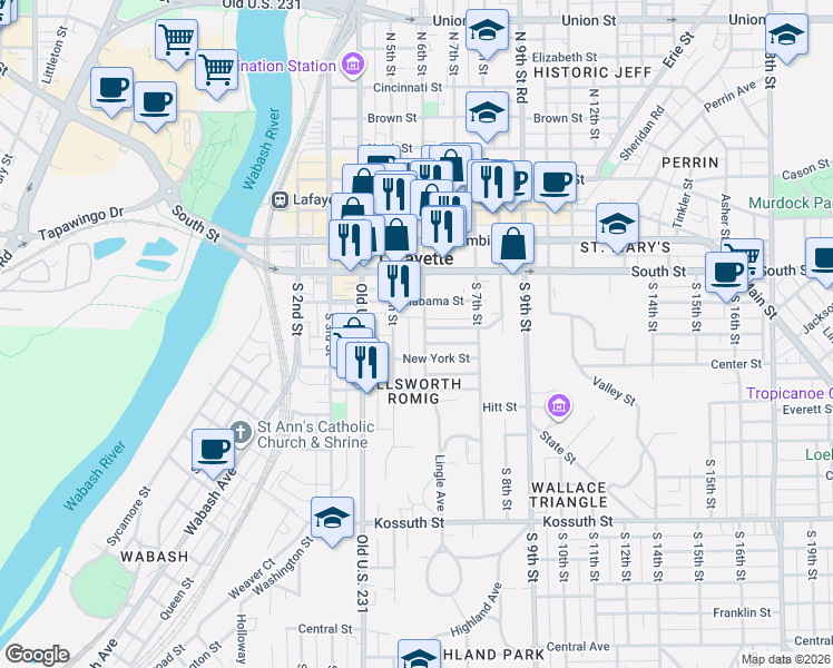 map of restaurants, bars, coffee shops, grocery stores, and more near 109 South 6th Street in Lafayette