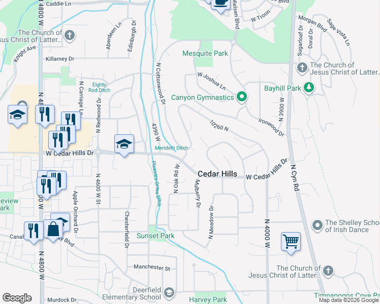 map of restaurants, bars, coffee shops, grocery stores, and more near 10094 North Oak Road West in Cedar Hills