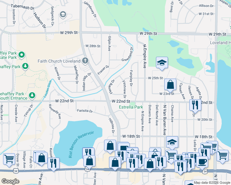 map of restaurants, bars, coffee shops, grocery stores, and more near 2355 Fleming Drive in Loveland