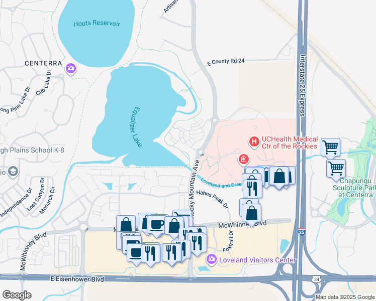 map of restaurants, bars, coffee shops, grocery stores, and more near 2205 Rocky Mountain Avenue in Loveland