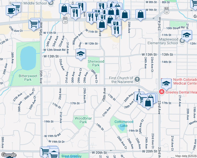 map of restaurants, bars, coffee shops, grocery stores, and more near 1508 28th Avenue Court in Greeley