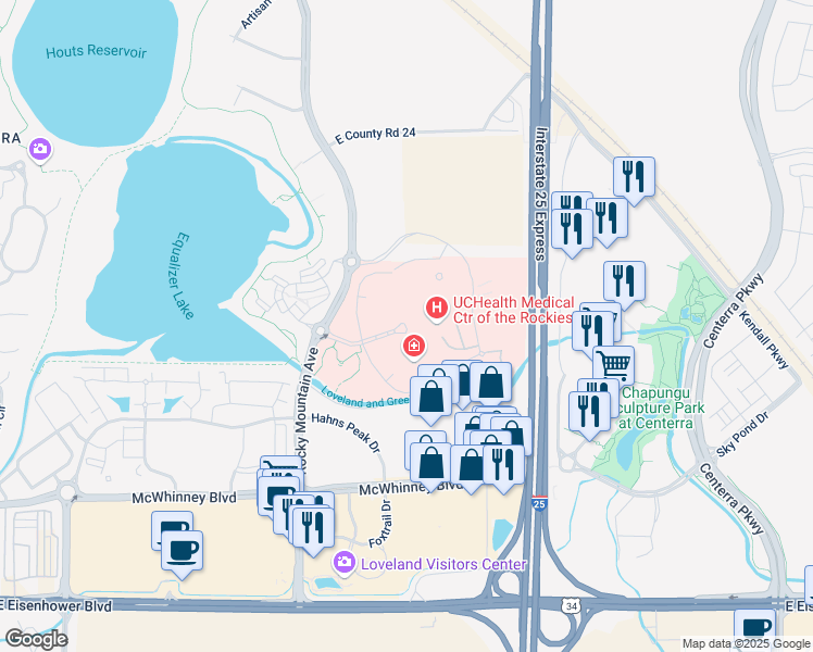 map of restaurants, bars, coffee shops, grocery stores, and more near 2500 Rocky Mountain Avenue in Loveland