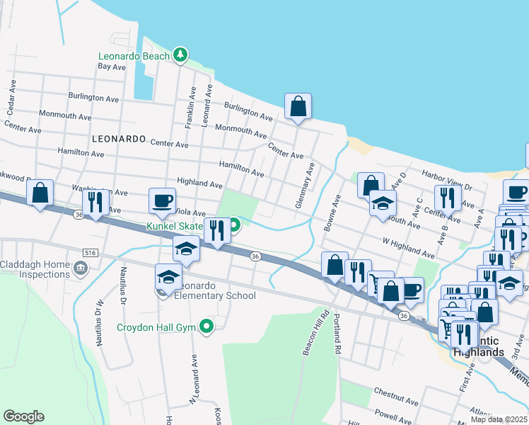 map of restaurants, bars, coffee shops, grocery stores, and more near 18 Highland Avenue in Leonardo