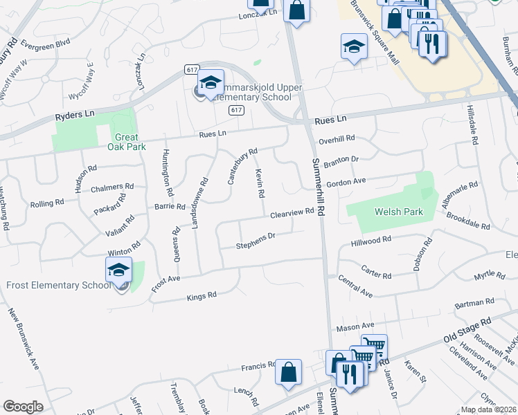 map of restaurants, bars, coffee shops, grocery stores, and more near 16 Kevin Road in East Brunswick