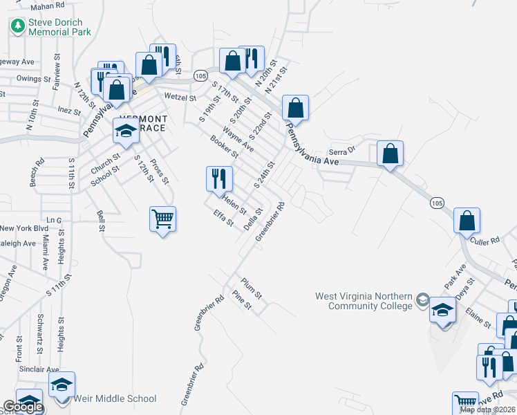 map of restaurants, bars, coffee shops, grocery stores, and more near 500 Mildred Avenue in Weirton