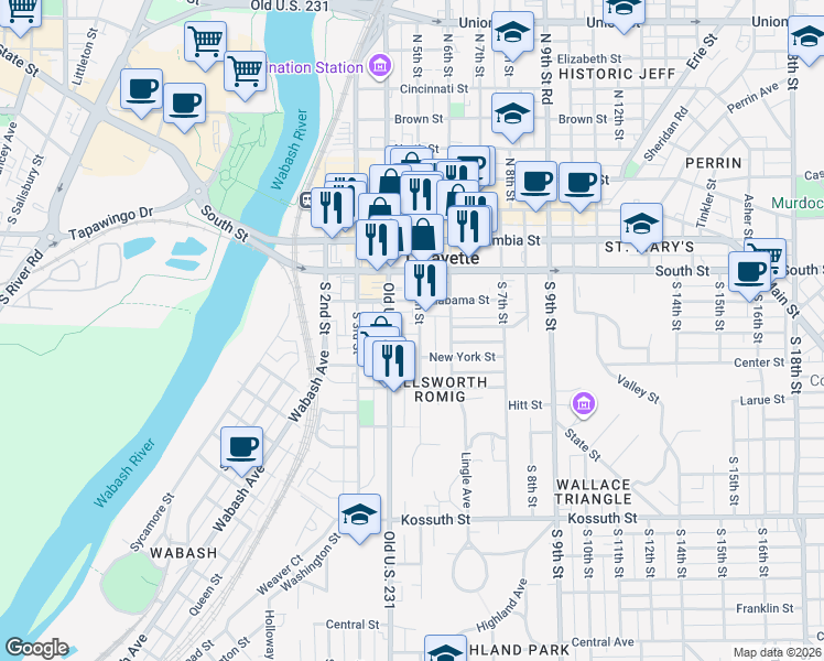 map of restaurants, bars, coffee shops, grocery stores, and more near 116 South Street in Lafayette