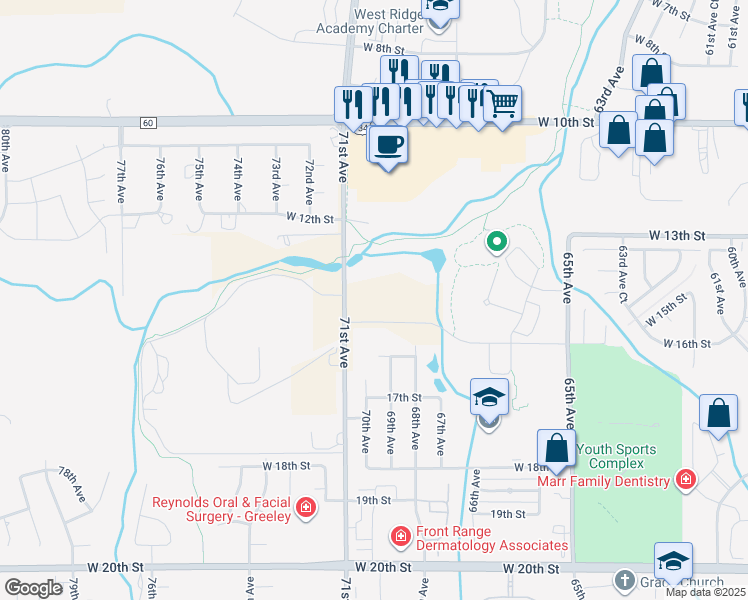 map of restaurants, bars, coffee shops, grocery stores, and more near 6901 West 16th Street in Greeley