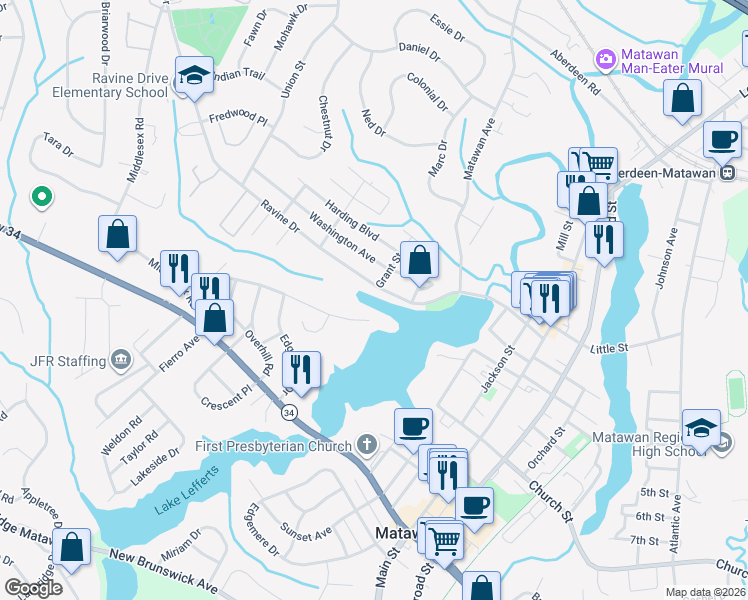 map of restaurants, bars, coffee shops, grocery stores, and more near 43 Ravine Drive in Matawan