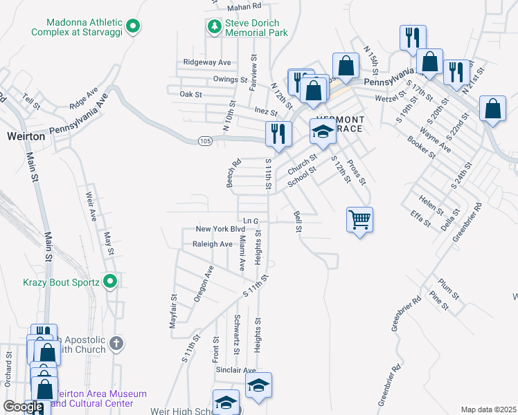 map of restaurants, bars, coffee shops, grocery stores, and more near 124 School Street in Weirton