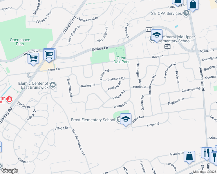 map of restaurants, bars, coffee shops, grocery stores, and more near 16 Chalmers Road in East Brunswick