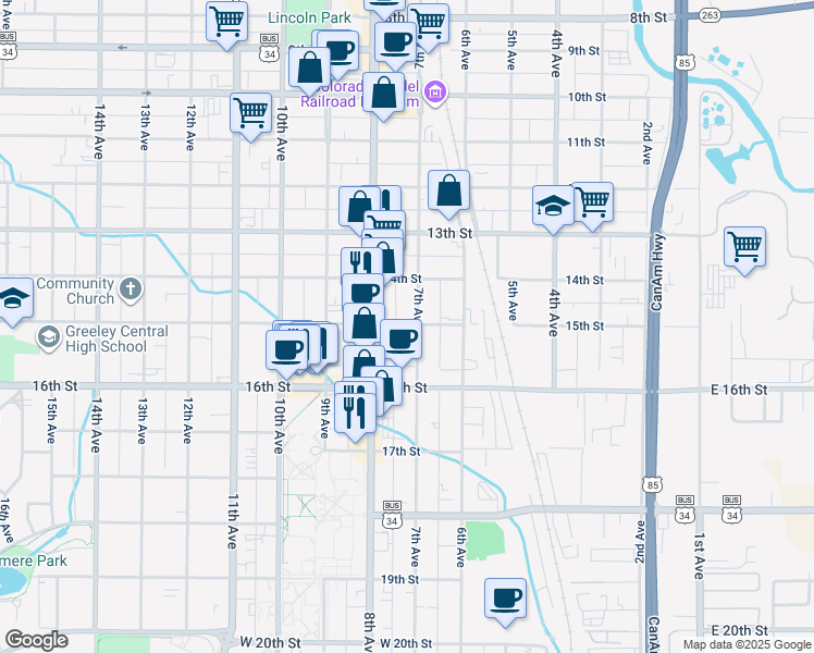 map of restaurants, bars, coffee shops, grocery stores, and more near 1423 7th Avenue in Greeley