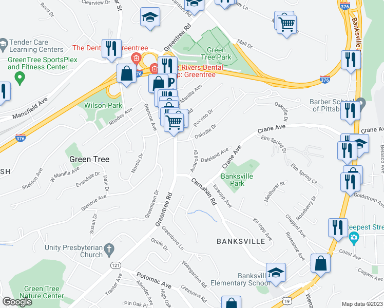 map of restaurants, bars, coffee shops, grocery stores, and more near 1003 Avacoll Drive in Pittsburgh