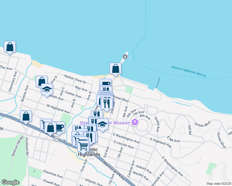 map of restaurants, bars, coffee shops, grocery stores, and more near 10 Ocean Boulevard in Atlantic Highlands