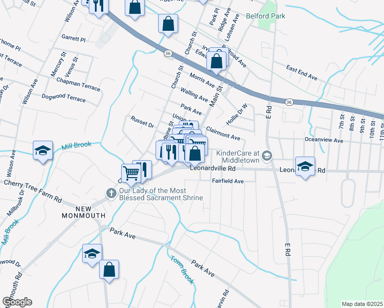 map of restaurants, bars, coffee shops, grocery stores, and more near 873 Main Street in Belford