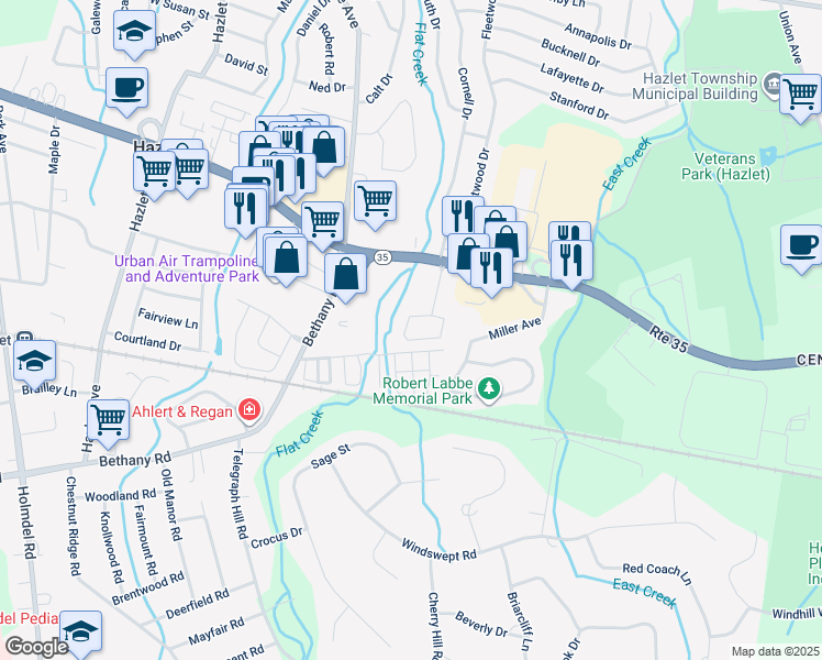 map of restaurants, bars, coffee shops, grocery stores, and more near 57 Village Court in Hazlet