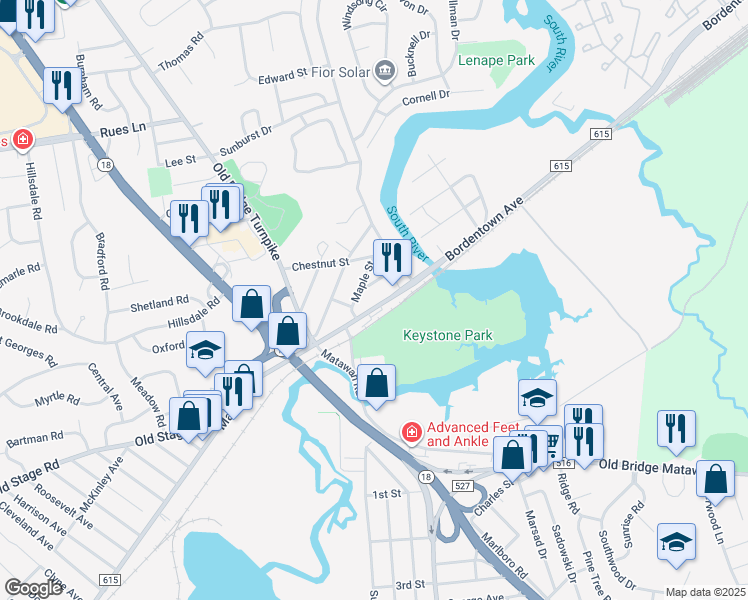map of restaurants, bars, coffee shops, grocery stores, and more near 7 Oak Street in East Brunswick