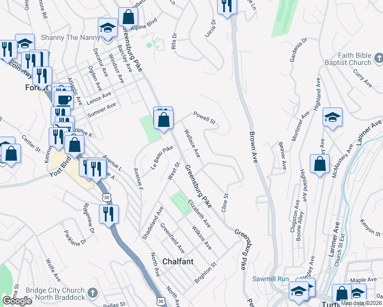 map of restaurants, bars, coffee shops, grocery stores, and more near 133 Wallace Avenue in East Pittsburgh