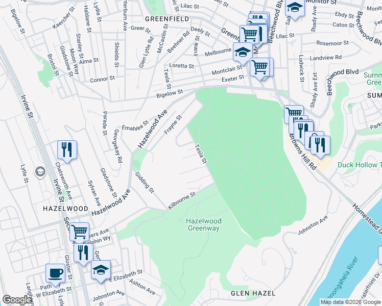 map of restaurants, bars, coffee shops, grocery stores, and more near 232 Blackstone Street in Pittsburgh